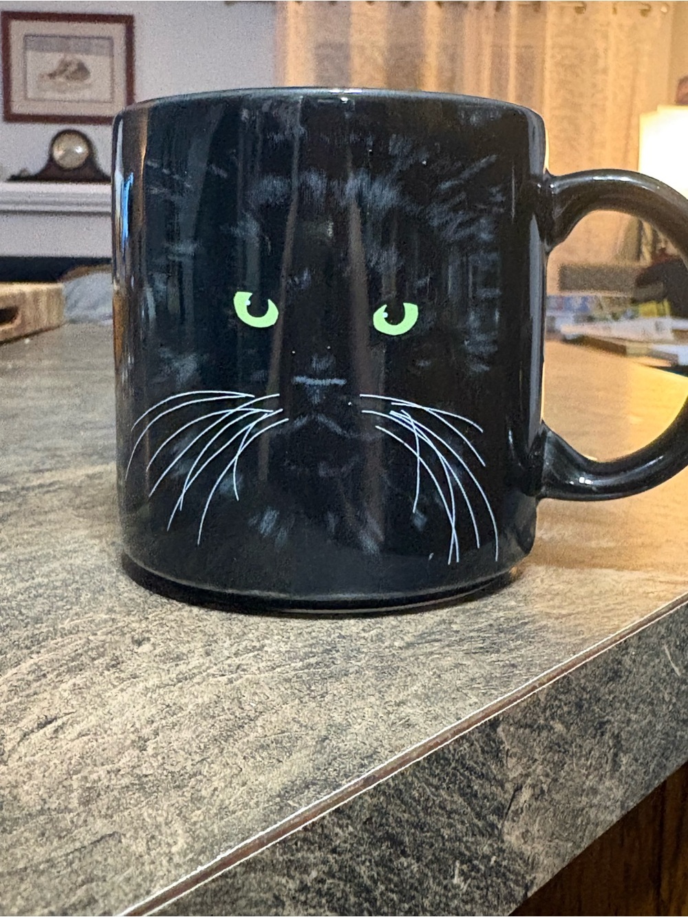 Black Cat Ceramic Mug with Green Eyes